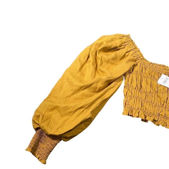 NWT A Loves A Straw Mustard Ruched Puff Long Sleeve Cropped Blouse Linen Blend S - Picture 3 of 12